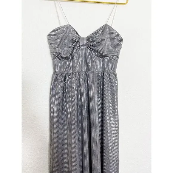 Lovers + Friends Tanya Midi Dress Silver Small Metallic Pleated Rhinestone Strap - Picture 8 of 14